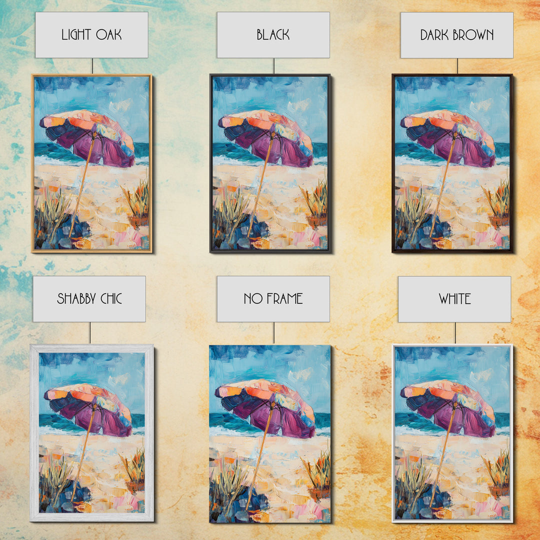 Beach Umbrella, Coastal Wall Art, Seascape Painting, Nautical Decor, Ocean Painting, Coastal Landscape Art, Framed Canvas Print