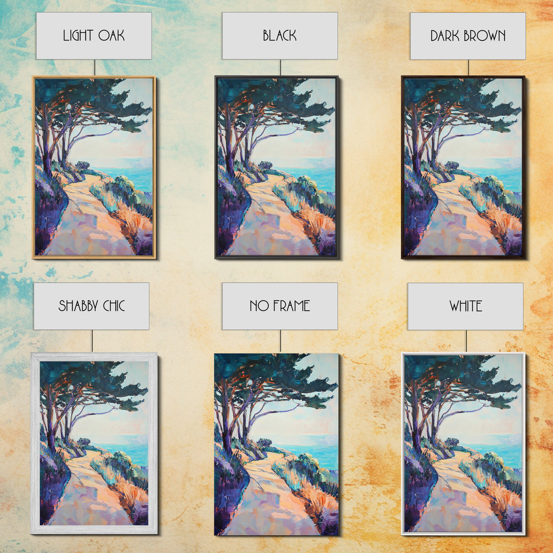 Ocean Cliff Path, coastal landscape art, pine tree art, rustic wall art, blue and green wall art, framed canvas, above bed wall art