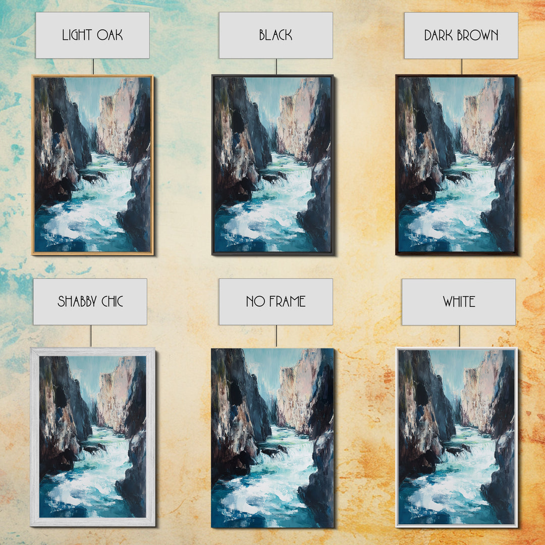 Rocky Waterfall, Moody Landscape, Canvas Print, Nature Painting, Rustic Decor, Adventure Art, Southwest Wall Art, Tall Narrow Art