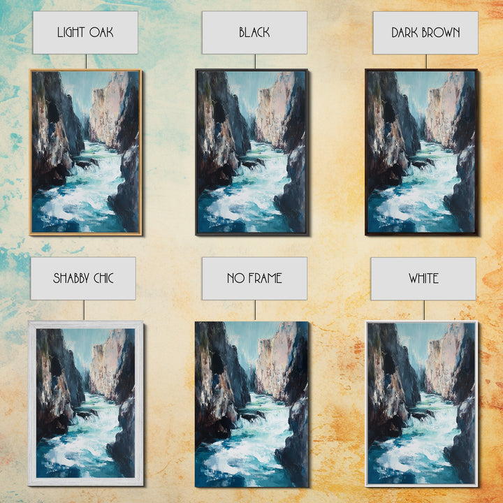 Rocky Waterfall, Moody Landscape, Canvas Print, Nature Painting, Rustic Decor, Adventure Art, Southwest Wall Art, Tall Narrow Art