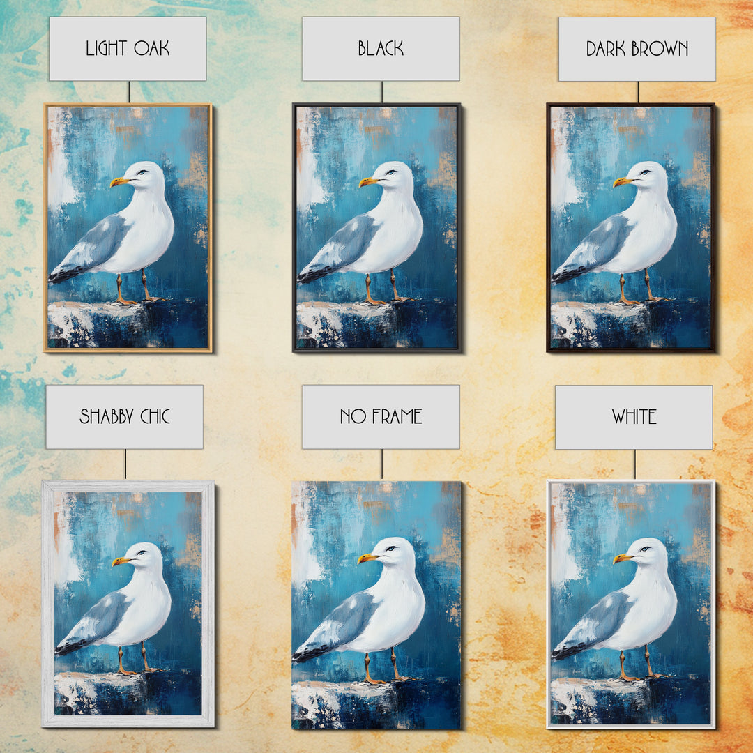 Seagull Portrait Framed Canvas Print Coastal Bird Painting, Nautical Wall Art, Beach House Decor, Ocean Wildlife Artwork, Summer Gift