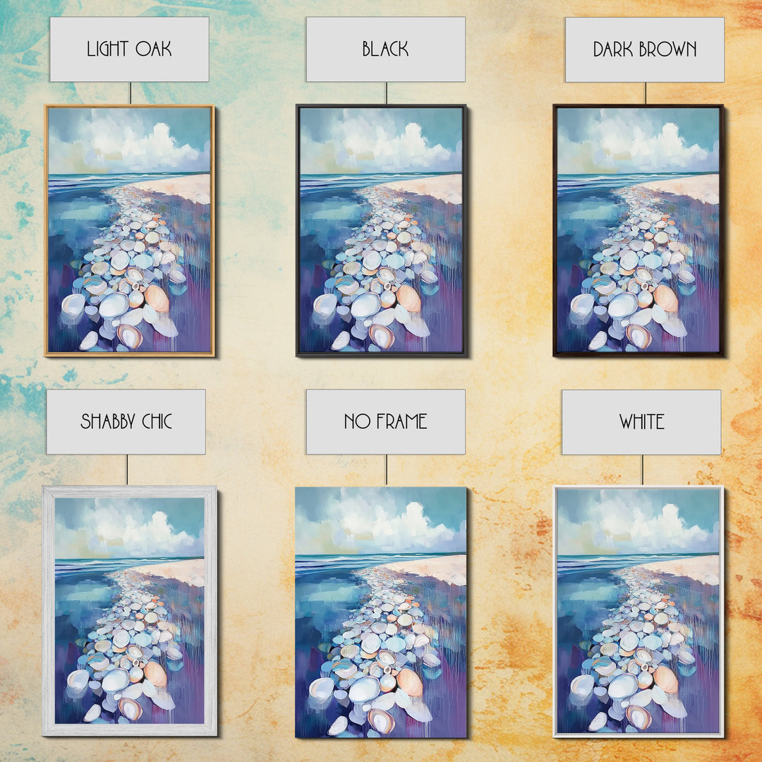 Coastal Shell Path Framed Canvas Print Beach House Decor, Nautical Ocean Art, Seaside Aesthetic, Living Room Coastal Wall Art