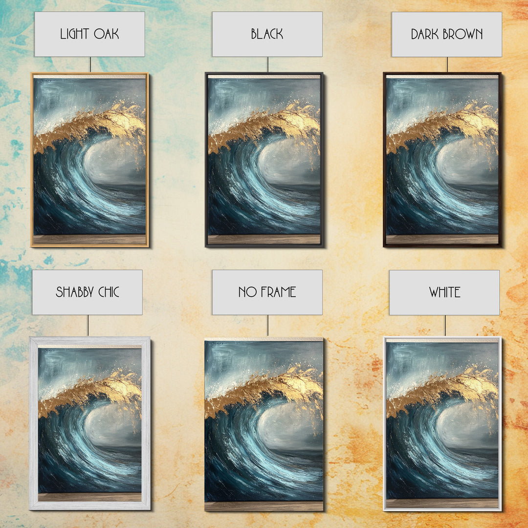 Majestic Ocean Wave Canvas Print Abstract Coastal Art, Gold and Blue Beach Wall Decor, Surfing Aesthetic, Living Room Accent