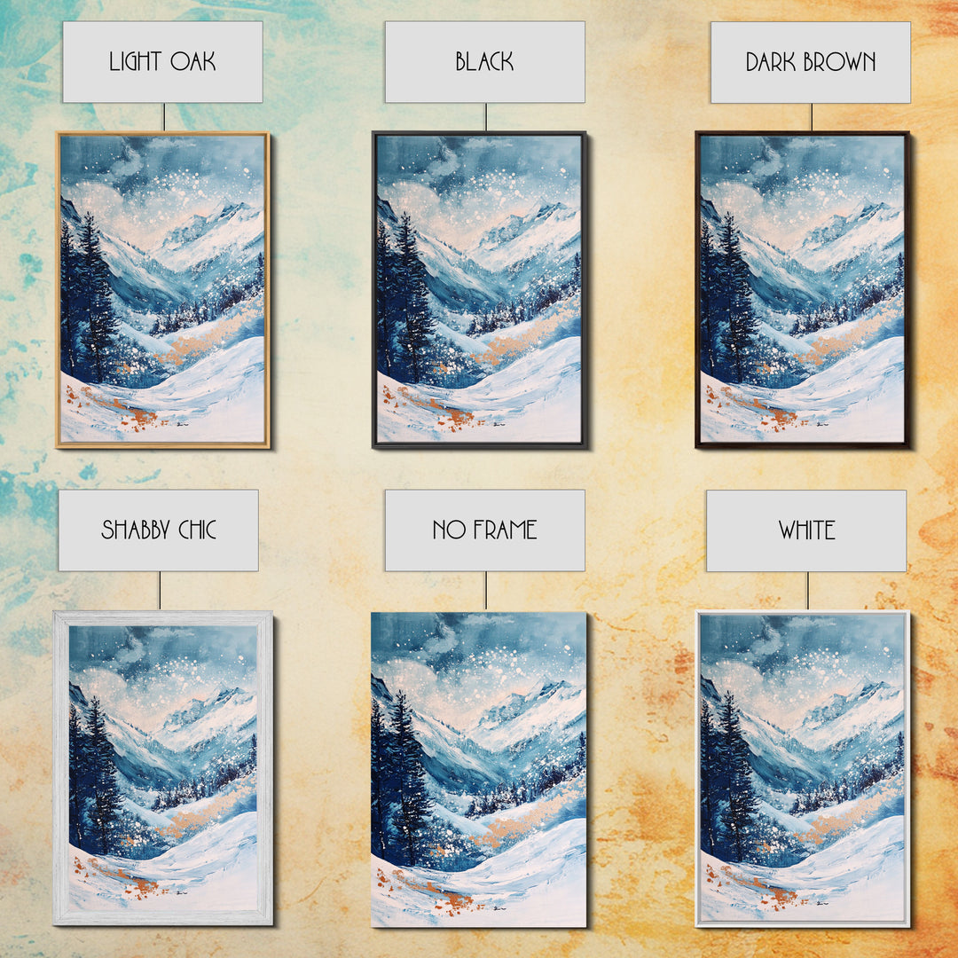 Blue Winter Wonderland Canvas Print Snowy Mountain Art, Nordic Landscape Painting, Ski Lodge Wall Decor, Christmas Holiday Artwork