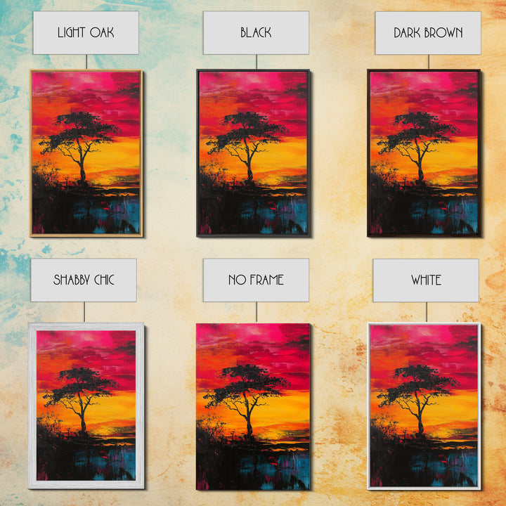 African Sunset Framed Canvas Print | Savanna Landscape Painting | Tree Silhouette Wall Art | Warm Sunset Decor | Rustic Home Art