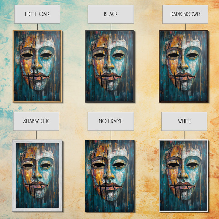Abstract Mask Art Framed Canvas Print Ethnic Wall Decor Tribal Face Artwork Modern Expressionist Painting Boho Home Aesthetic Living Room