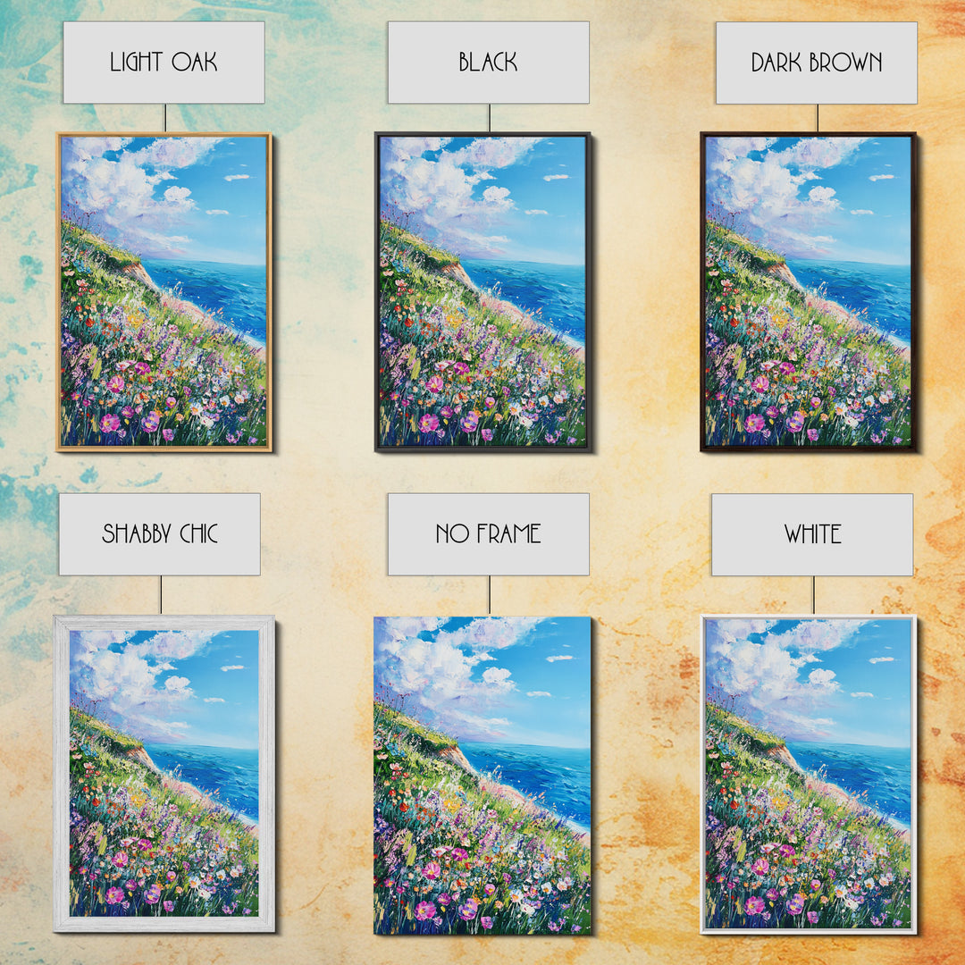 Ocean Cliffside Flowers Framed Canvas Print Coastal Landscape Wall Art, Wildflower Meadow Painting, Beach House Art, Seaside Decor