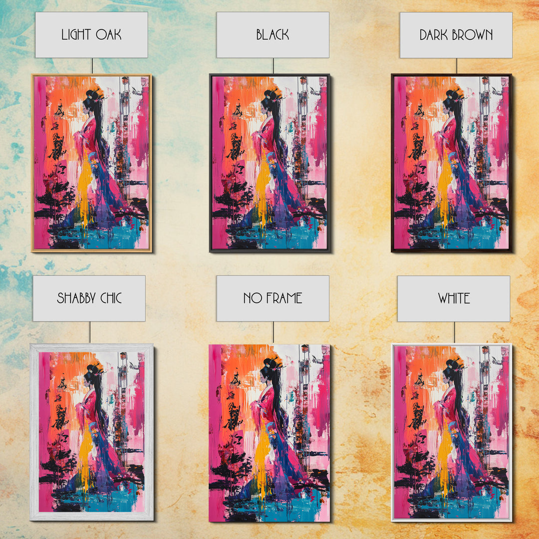 Abstract Geisha, Colorful Woman Art, Japanese Painting, Wabi Sabi Art, Boho Art, Pink Wall Art, Framed Canvas Print, Gift Idea