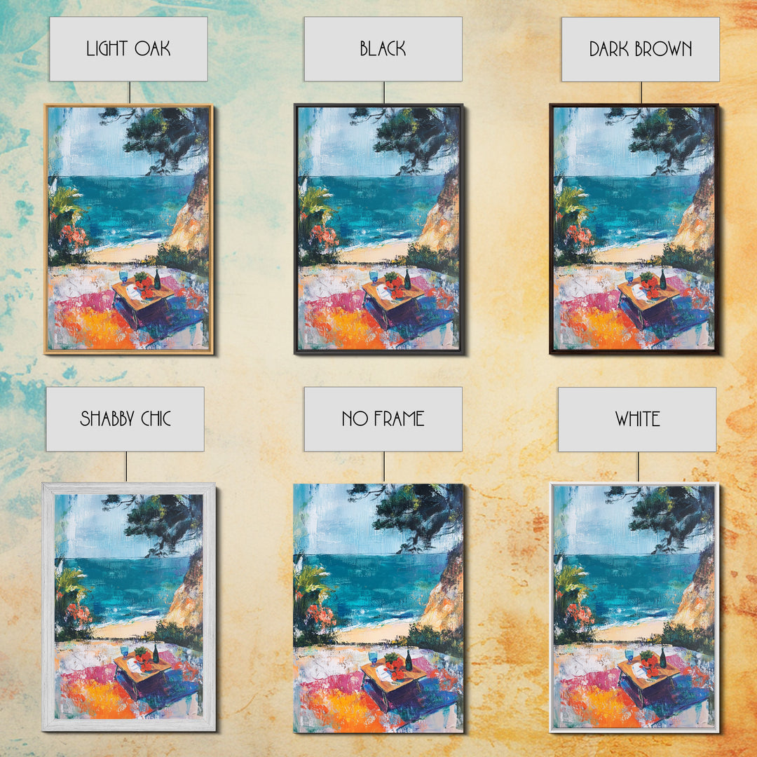 Beach Picnic, coastal cowgirl wall art, nautical decor, food review kitchen art, ocean view, tropical art, Framed Canvas Print, gift idea