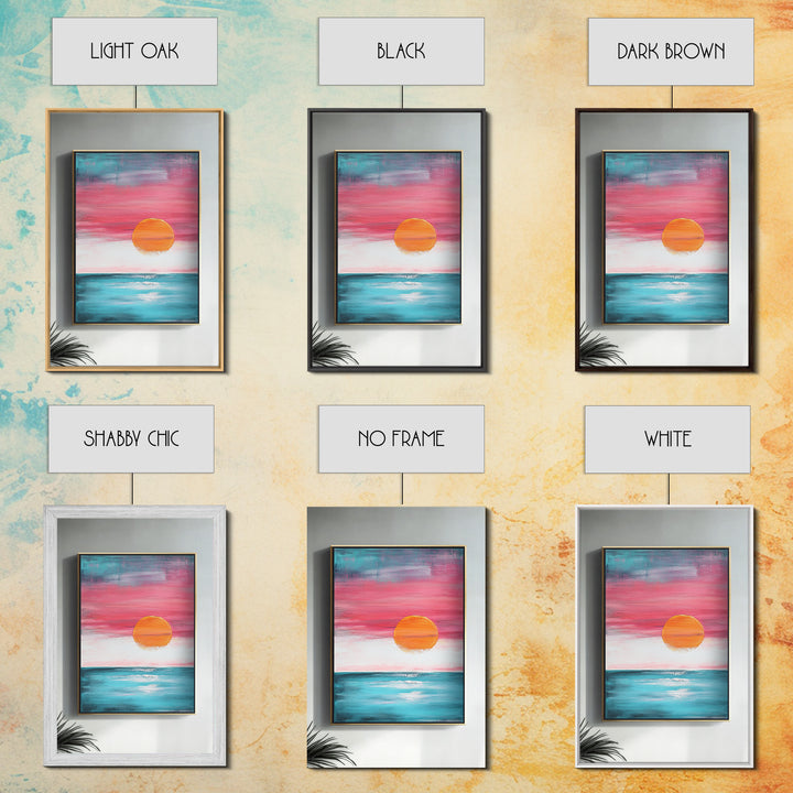 Sunset Horizon, pink orange wall art, nautical painting, coastal decor, above bed wall art, wabi sabi art, Framed Canvas Print, boho art