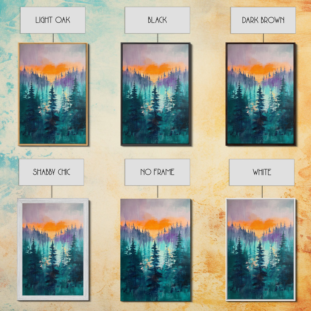 pine tree art, landscape painting, framed canvas print, mountain painting, forest at dusk painting, rustic wall art, gift idea