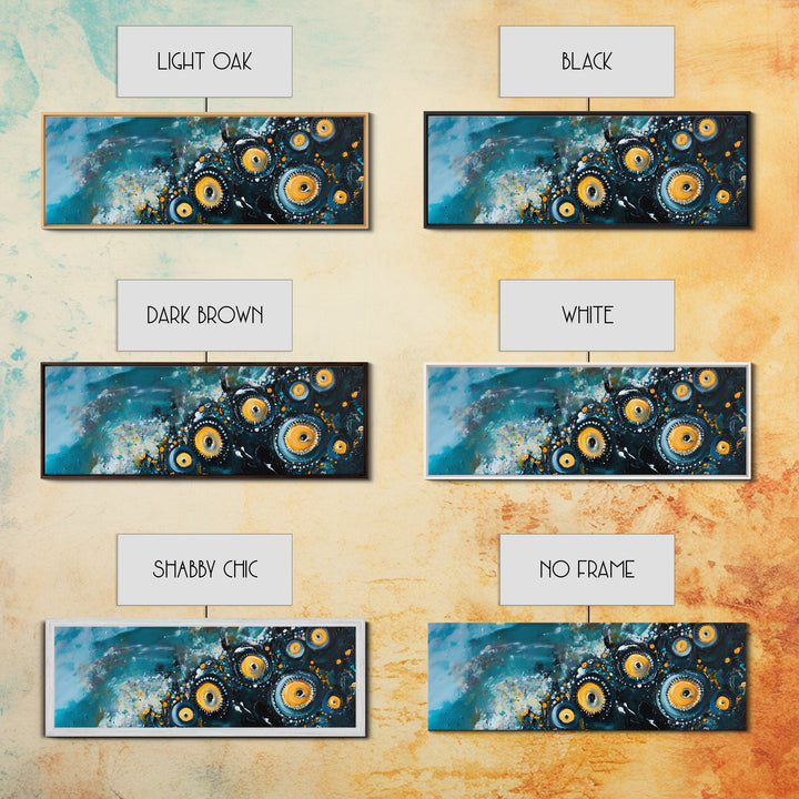 Abstract Cosmic Eye Painting, Modern Celestial Art, Blue and Gold Surreal Wall Decor, Unique Living Room, Framed Canvas Print