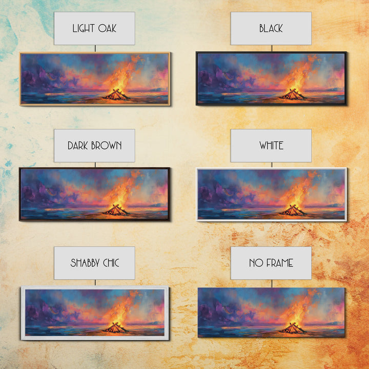 Beach Bonfire Sunset Painting, Vibrant Coastal Seascape Art, Ocean Night Sky Wall Decor, Warm Living Room, Framed Canvas Print