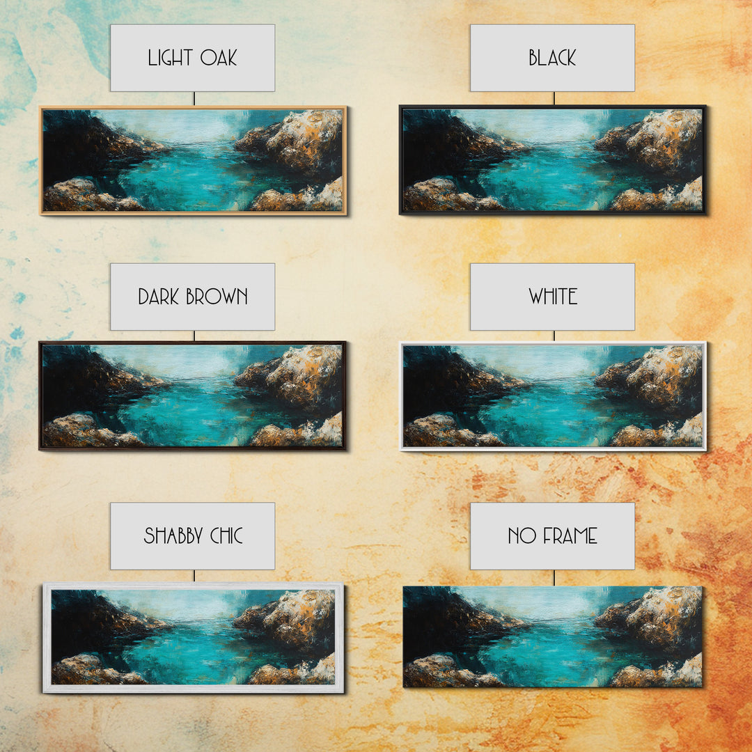 Rocky Cove Ocean Art Framed Canvas Print Textured Seascape Wall Decor Coastal Home Accent Nautical Painting Bedroom or Living Room Gift