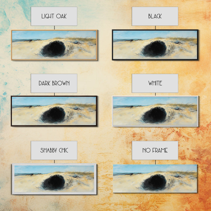 Desert Hole Mystery Framed Canvas Print - Surreal Sand Dune Painting, Minimalist Earthy Wall Art, Unique Living Space