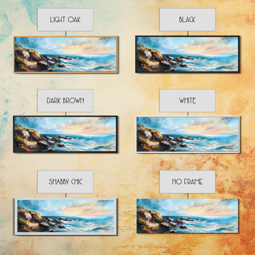 Rocky Ocean Shoreline Framed Canvas Print, Textured Seascape Painting, Beach House Wall Art, Coastal Living Room Decor, Wave Artwork