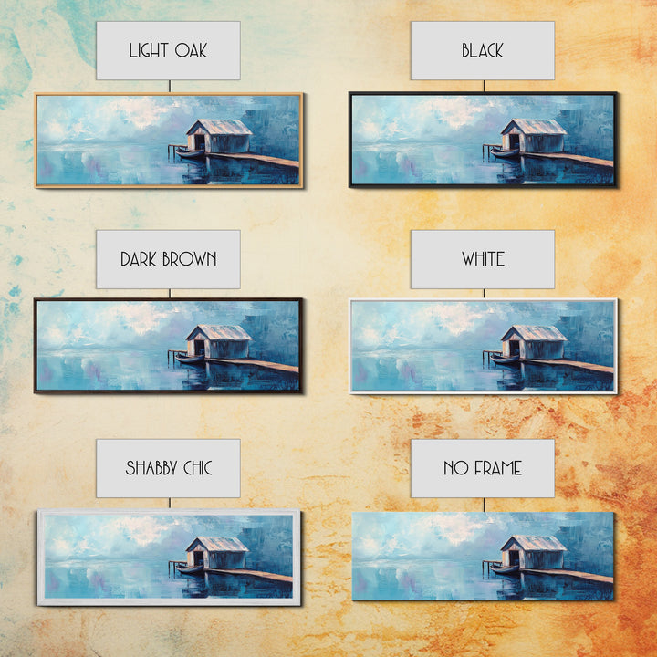 Blue Boathouse Canvas Print Tranquil Lake Scene Wall Art Nautical Cabin Decor Coastal Painting Minimalist Blue Wall Art Living Room