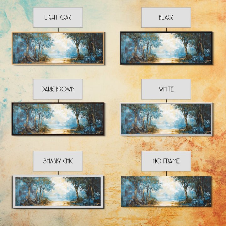 Blue Forest Path Framed Canvas Print Landscape Painting, Nature Inspired Wall Art, Rustic Home Decor, Modern Artwork