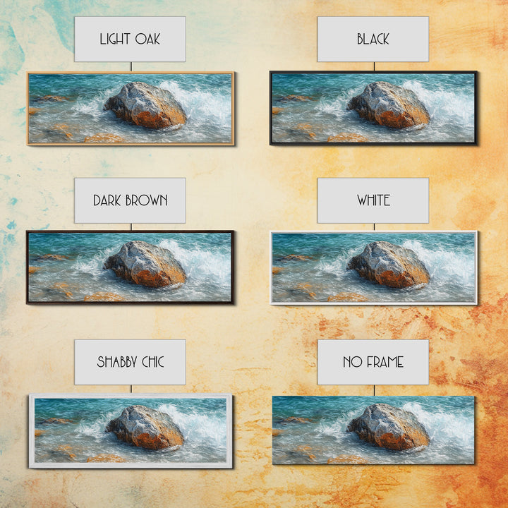 Ocean Rock Waves Framed Canvas Print Coastal Nature Wall Art, Beach Landscape Painting, Rustic Seascape Decor, Home Accent