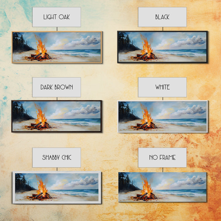 Beach Bonfire Glow Framed Canvas Print Coastal Sunset Wall Art Ocean Retreat Decor Vibrant Campfire Painting Summer Gift