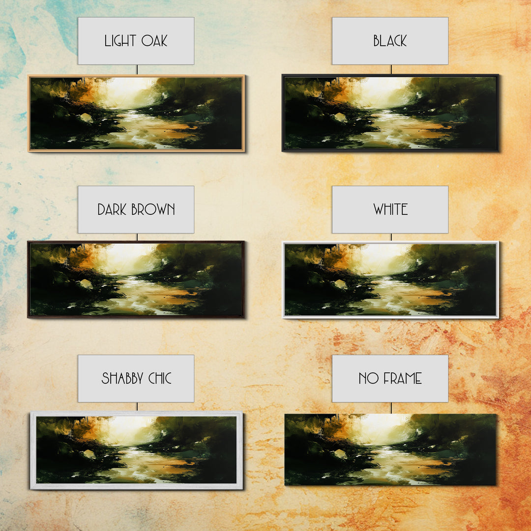 Dark Fantasy River Painting, Moody Abstract Landscape, Green and Gold Mystical Wall Art, Mysterious Hallway Decor, Framed Canvas Print