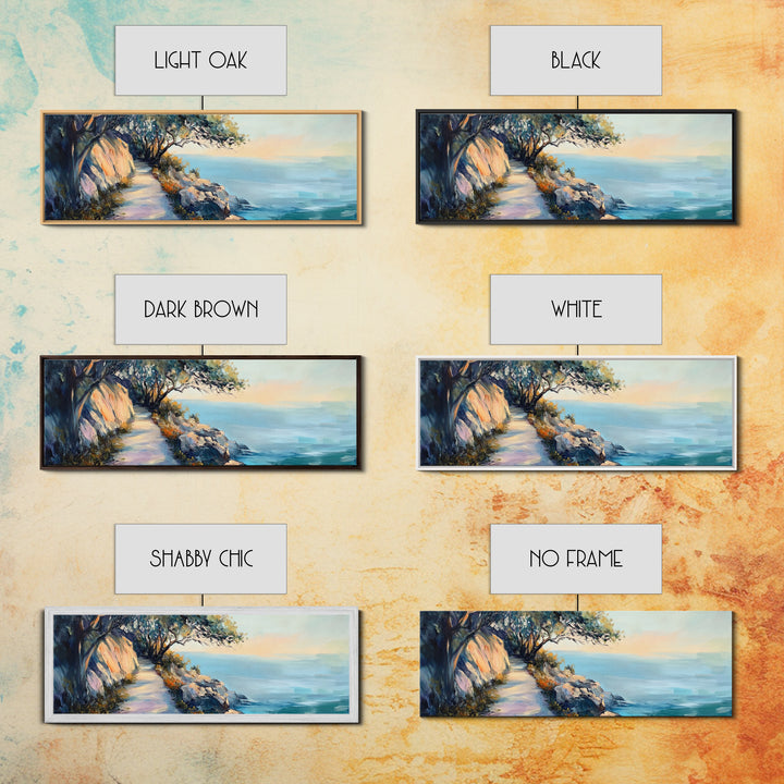 Coastal Cliff Walk Framed Canvas Print Serene Beach Pathway Painting, Sunset Seaside Art, Nature Landscape, Relaxing Home Wall Decor