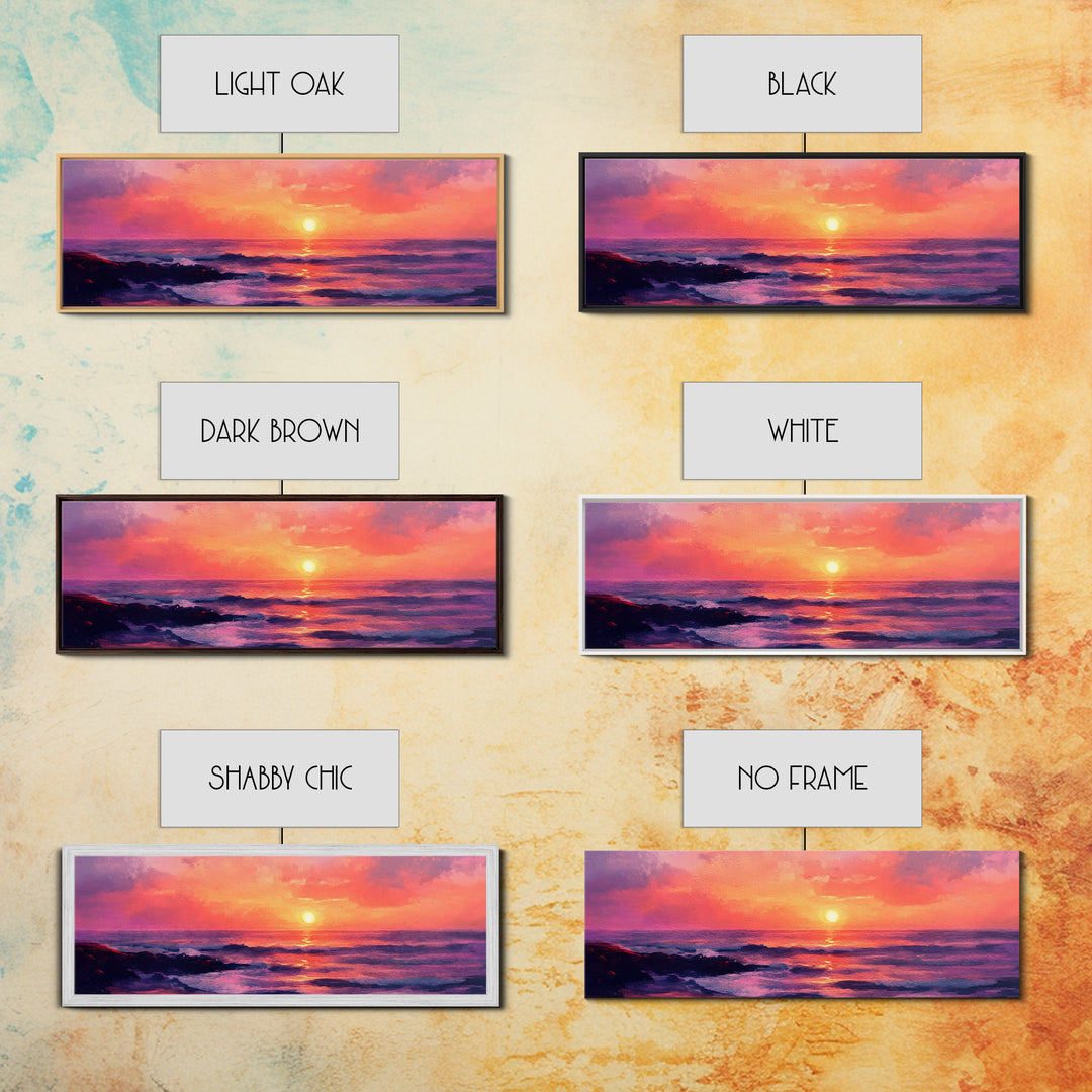 Ocean Sunset Framed Canvas Print, Pink Sky Seascape, Coastal Landscape Wall Art, Beach House Decor, Relaxing Home Aesthetic