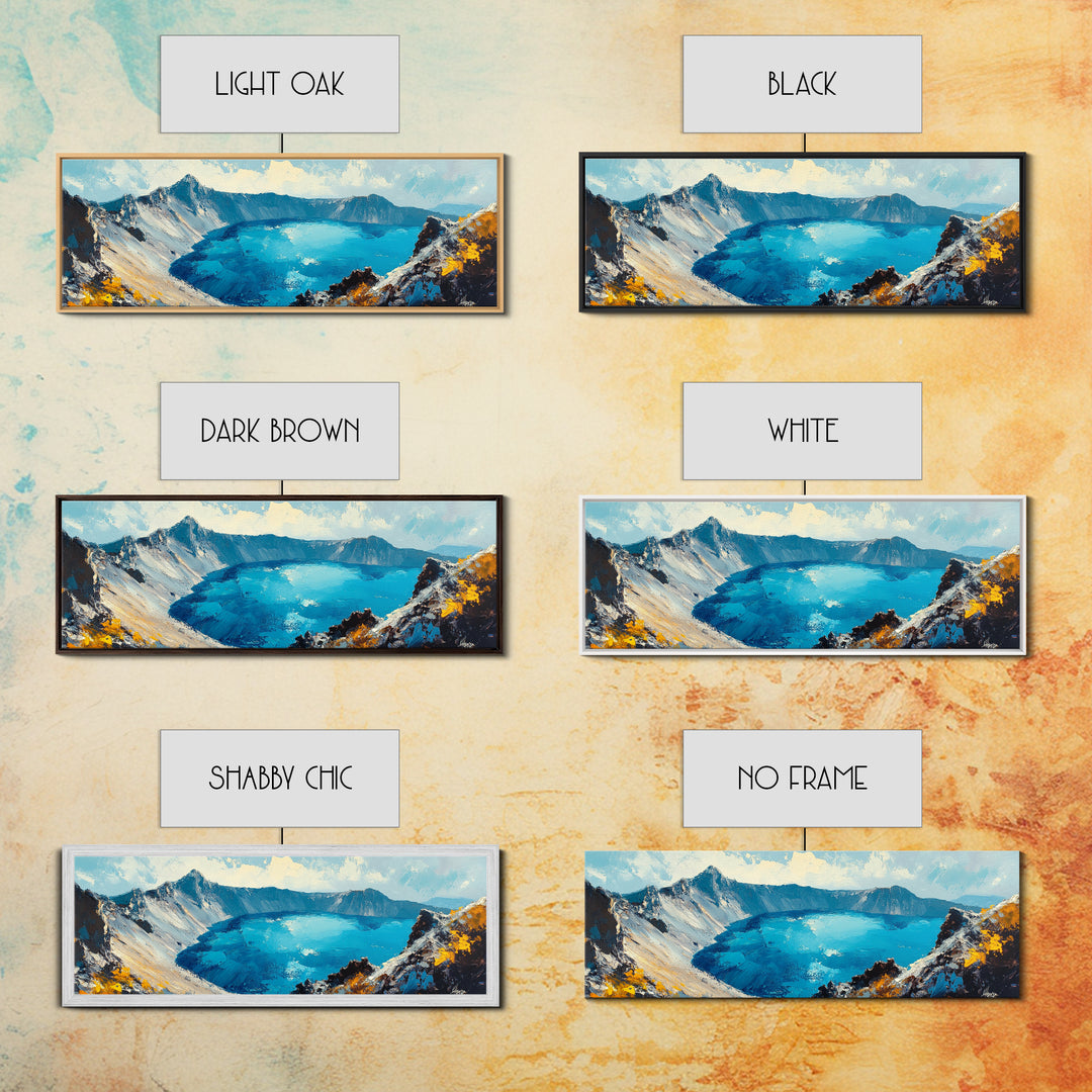 Crater Lake Landscape Framed Canvas Print Majestic Mountain Wall Art, Textured Impasto Painting, Nature Inspired Living Room Decor