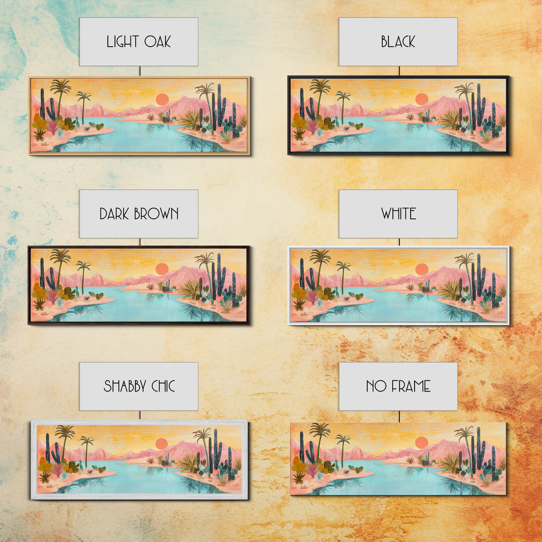 Desert Oasis Landscape Wall Art, Cactus and Palm Trees Painting, Boho Sunset Artwork, Southwest Home Decor, Warm Pink Art