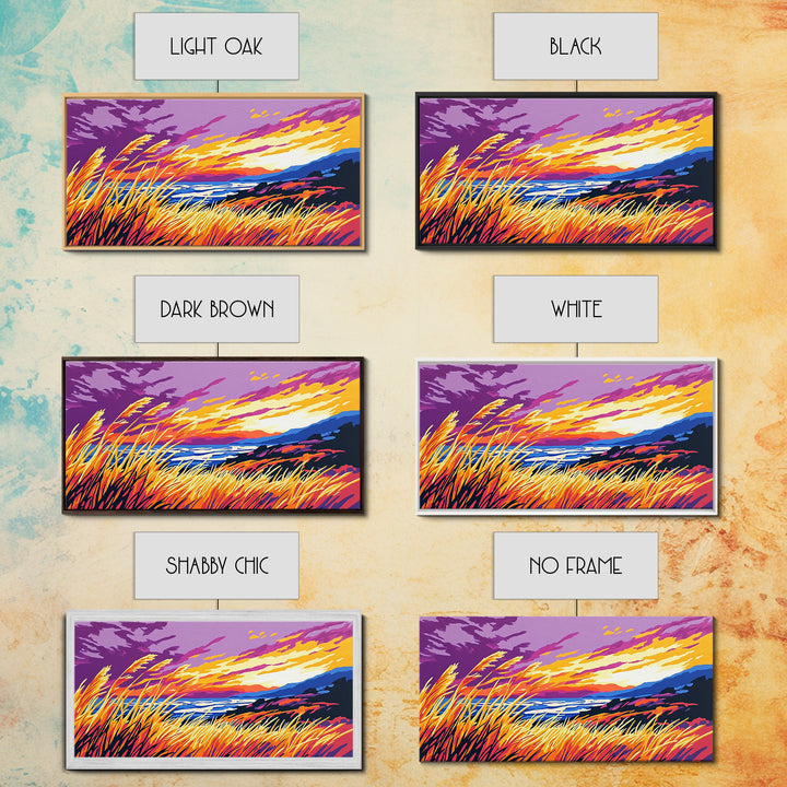 Ocean Sunset Grass, Framed Canvas Print, Coastal Wall Art, Vibrant Nature Painting, Boho Landscape, Beach House Decor, Living Room Art