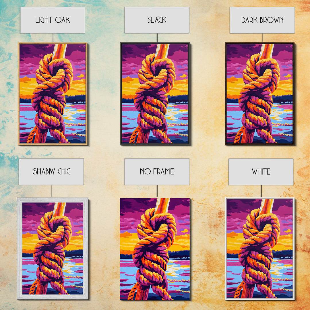 Nautical Knot, Coastal Wall Art, Sunset Over Water, Rustic Rope Art, Framed Canvas Print, Lake House Decor, Nautical Home Accent