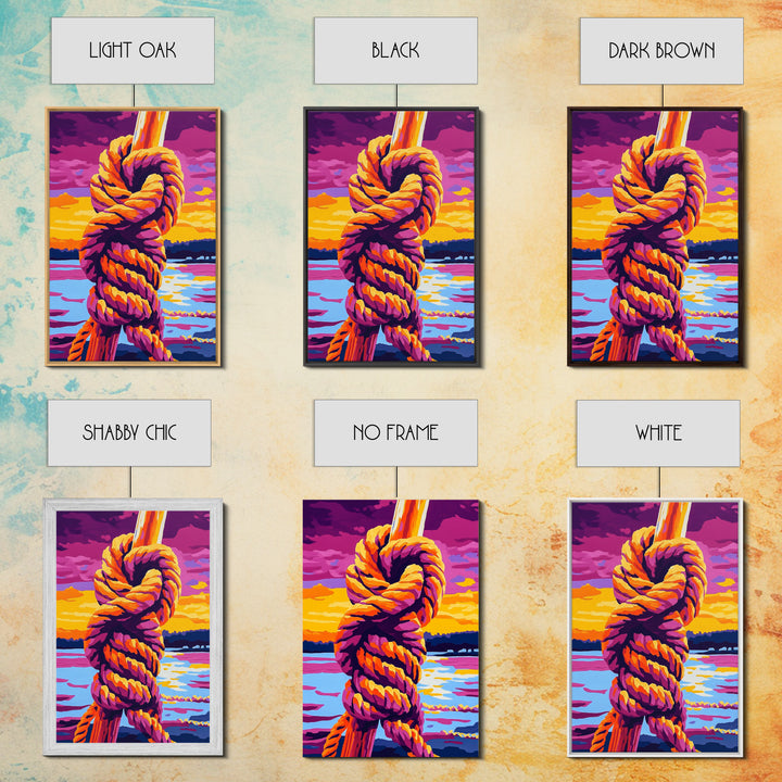 Nautical Knot, Coastal Wall Art, Sunset Over Water, Rustic Rope Art, Framed Canvas Print, Lake House Decor, Nautical Home Accent