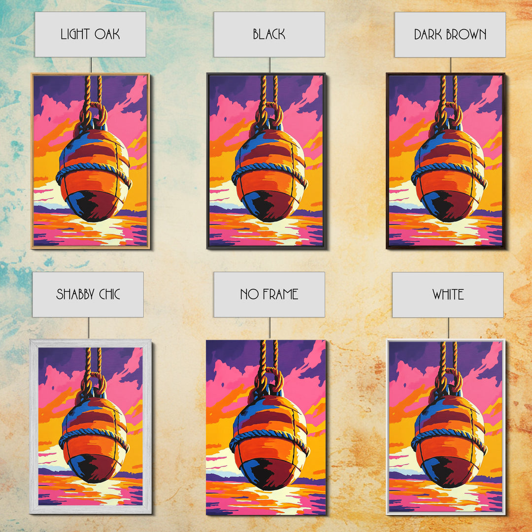 Nautical Buoy, Ocean Sunset, Coastal Art, Framed Canvas Print, Beach Wall Art, Vibrant Home Decor, Seaside Painting, Boat House Artwork