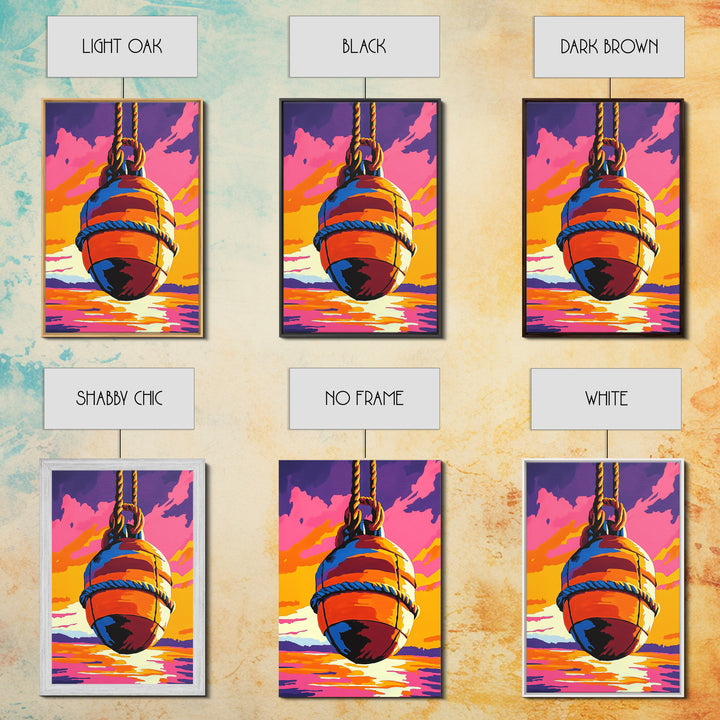 Nautical Buoy, Ocean Sunset, Coastal Art, Framed Canvas Print, Beach Wall Art, Vibrant Home Decor, Seaside Painting, Boat House Artwork