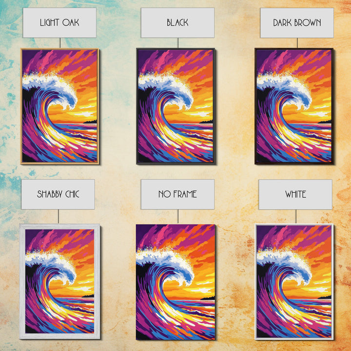 Ocean Wave, Splash, Power, Sunset, Framed Canvas Print, Coastal Decor, Surf Art, Beach House Wall Art, Nautical Theme, Vibrant Blue