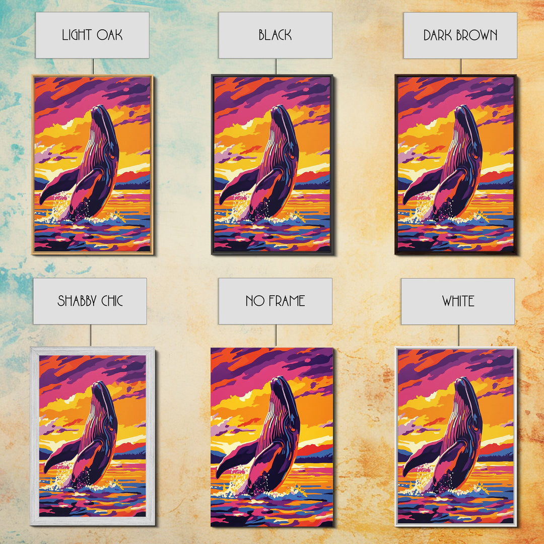 Breaching Whale, Ocean Wildlife Art, Nautical Home Decor, Coastal Sunset Art, Framed Canvas Print, Living Room Wall Art, Marine Painting