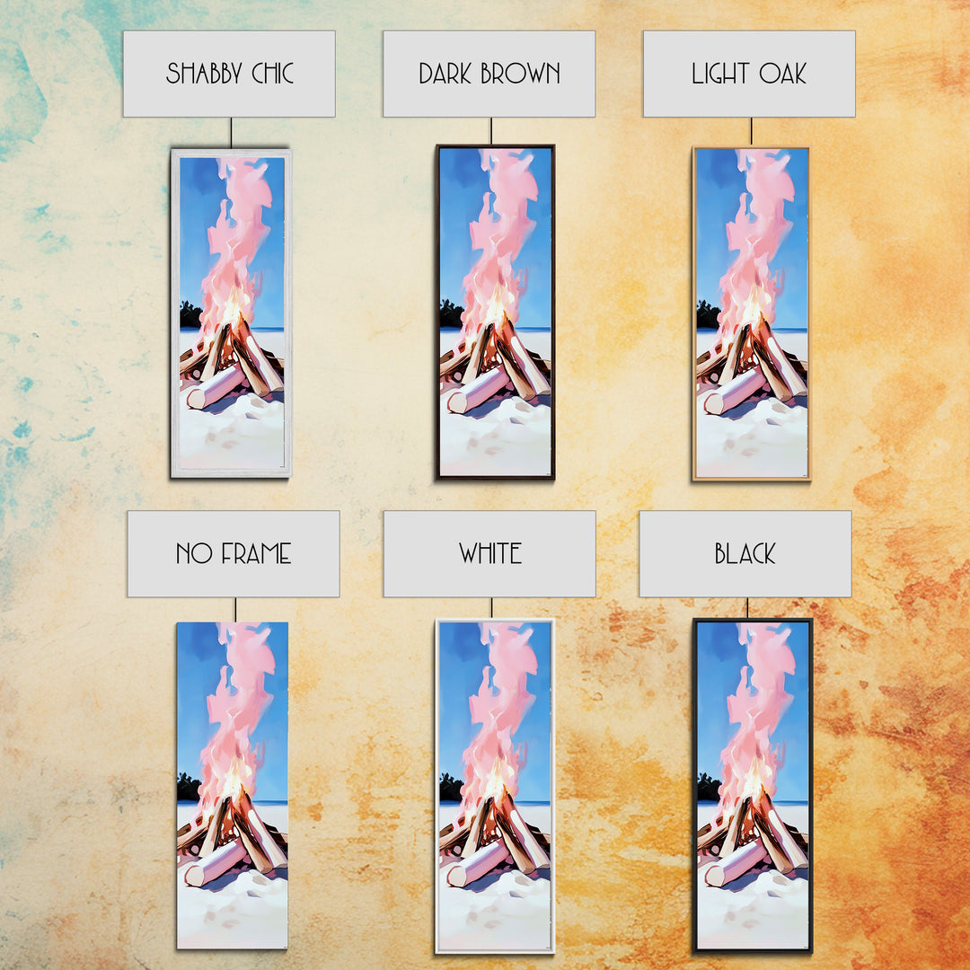 Bonfire Glow, Beach Campfire, Pink Flame Art, Framed Canvas Print, Coastal Decor, Warm Aesthetic, Living Room or Bedroom Wall Art