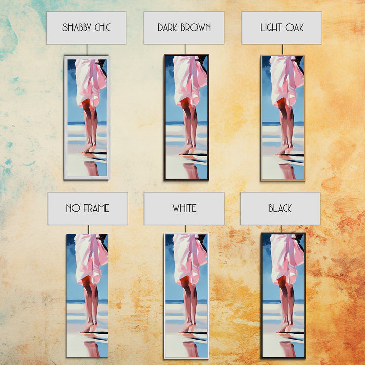 Barefoot Beach Walk, Pink Dress, Coastal Elegance, Framed Canvas Print, Summer Art, Bedroom or Entryway Decor, Relaxing Aesthetic