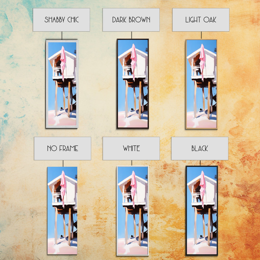 Beach Hut, Coastal Home, Seaside Escape, Nautical Decor, Ocean View, Warm Pastels, Beach House Art, Framed Canvas Print