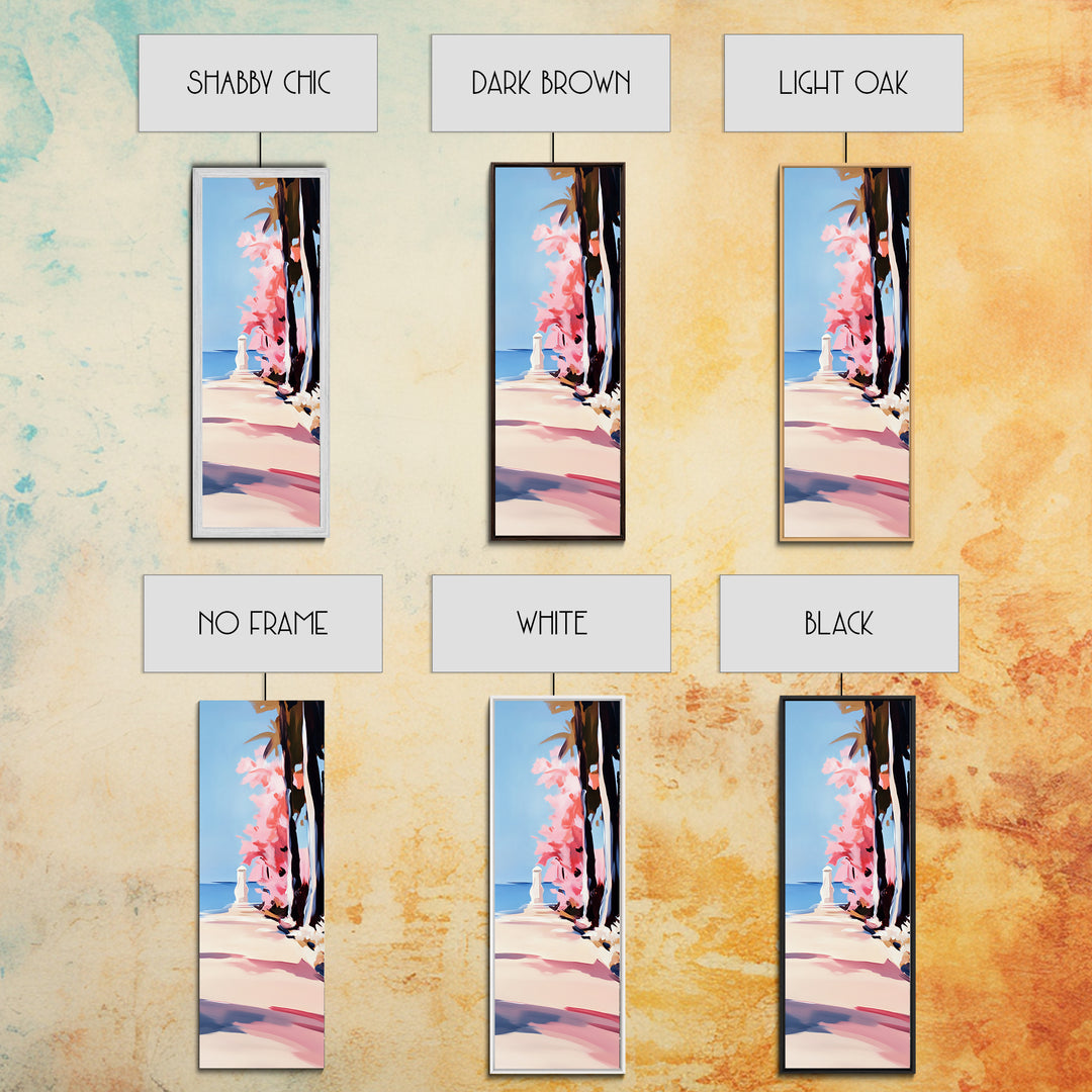 Coastal Walk, Pink Blossom, Vibrant Tree Art, Canvas Print, Beach Pathway, Spring Landscape, Serene Wall Art, Living Room Decor