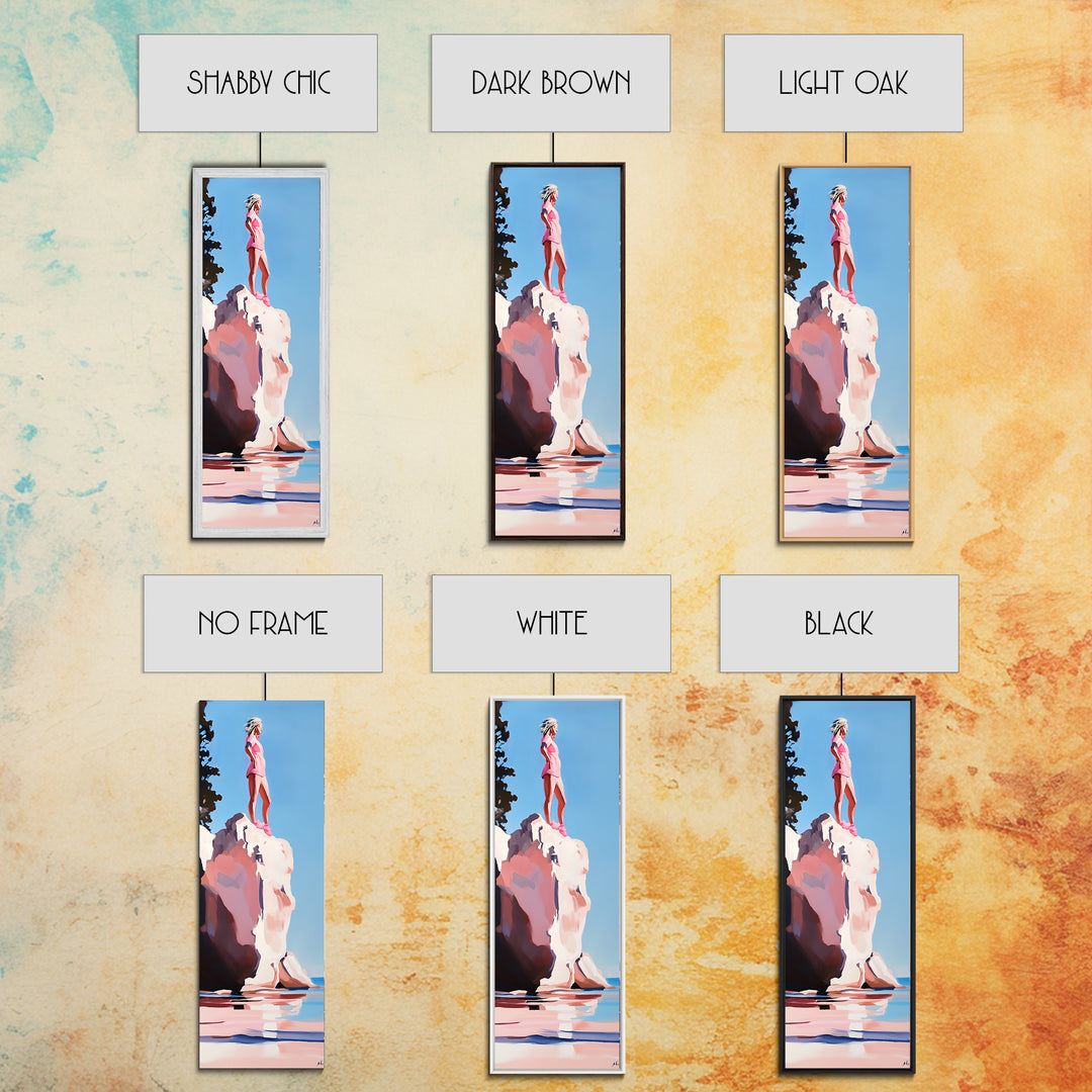 Coastal Adventure, Pink and Blue Art, Minimalist Beach Scene, Modern Landscape, Travel Inspiration, Contemporary Framed Canvas Print