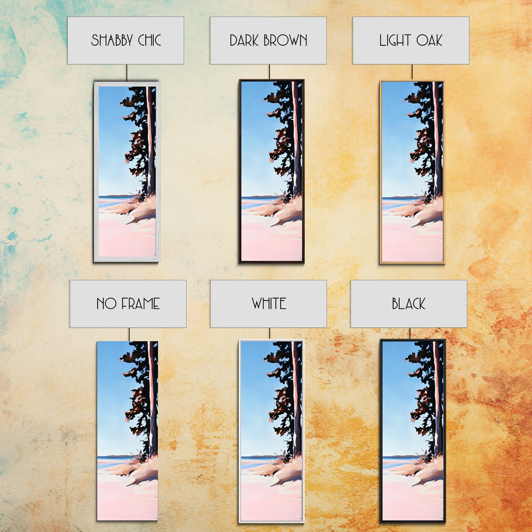 Coastal Serenity, Beach Tree Shadows, Minimalist Nature Scene, Soft Pink Blue Landscape, Tranquil Home Art, Framed Canvas Print, Ocean Escape