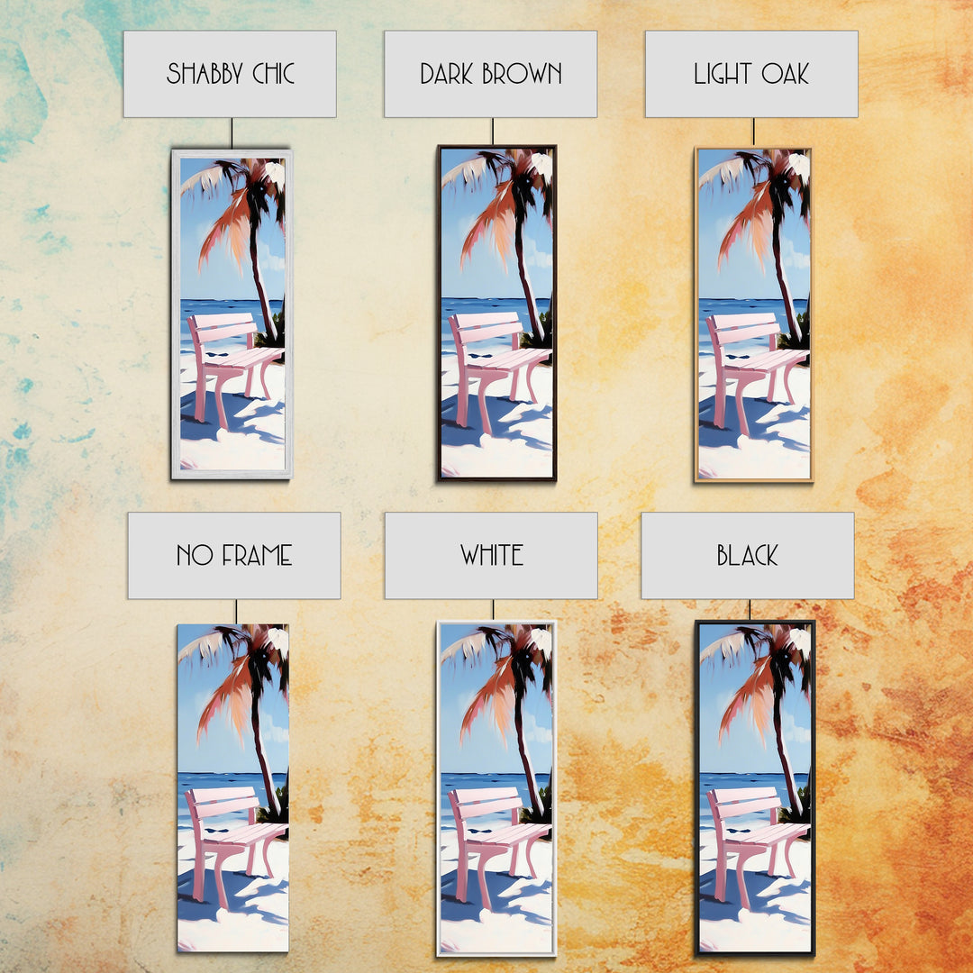 Beach Bench, Palm Tree, Ocean View, Framed Canvas Print, Coastal Wall Art, Tropical Decor, Boho Beach Art, Living Room Wall Art