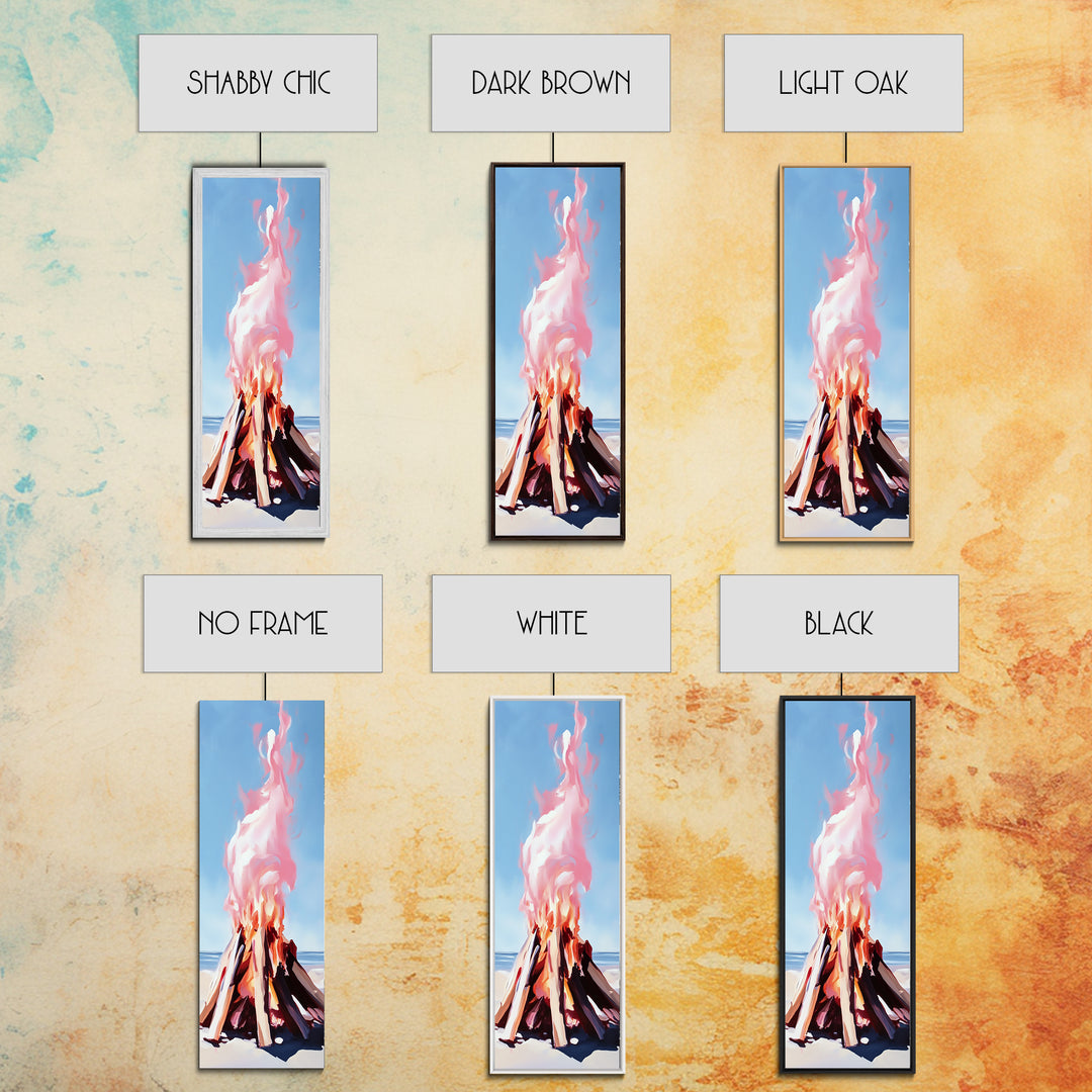 Beach Campfire, warm fall decor, rustic wilderness art, outdoor adventure painting, cozy cabin vibes, framed canvas print