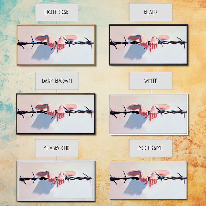 Hands on Barbed Wire, Surreal Art, Emotional Aesthetic, Modern Symbolism, Thought-Provoking Decor, Contemporary Wall Art, Canvas Print