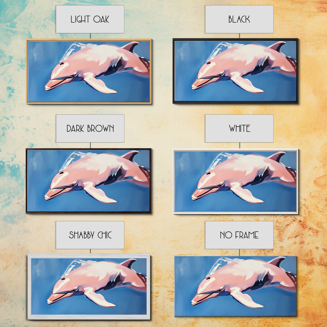 Dolphin Painting, Ocean Wall Art, Coastal Home Decor, Marine Life Artwork, Blue and Pink Art, Beach House Art, Framed Canvas Print