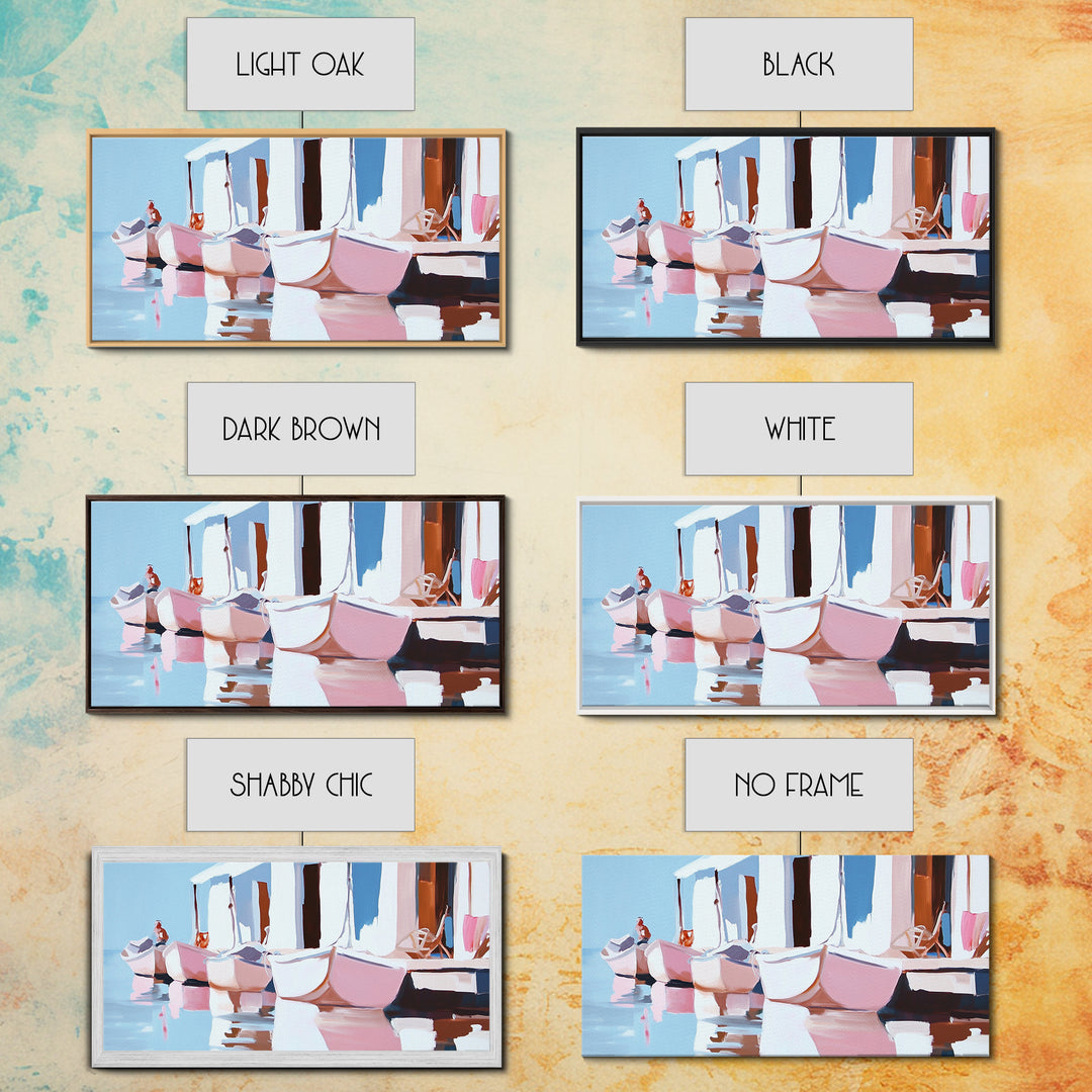 Docked Boats, Nautical Coastal Art, Mediterranean Harbor Scene, Framed Canvas Print, Beach House Wall Decor, Nautical Home Art