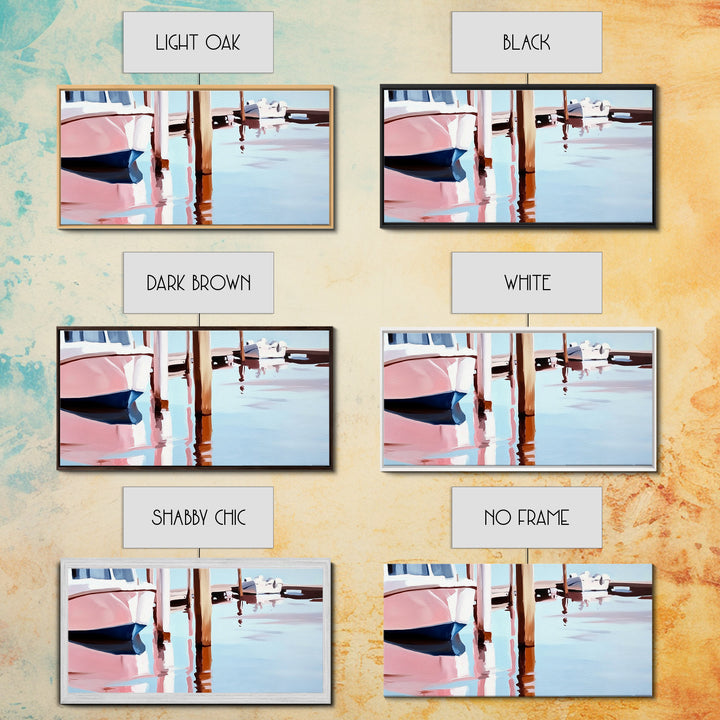 Docked Boats, Waterfront Scene, Canvas Print, Nautical Home Decor, Living Room Wall Art, Soft Pastel Aesthetic, Minimalist Seaside