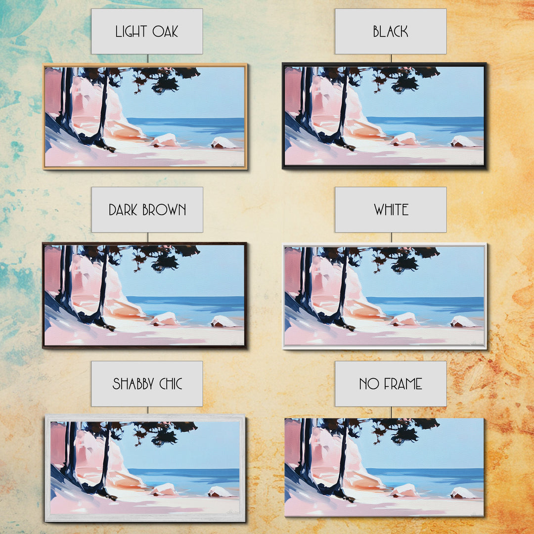 Beach Cliffs, Ocean Landscape, Coastal Art, Modern Wall Decor, Living Room Art, Framed Canvas Print, Minimalist Seascape, Pastel Artwork