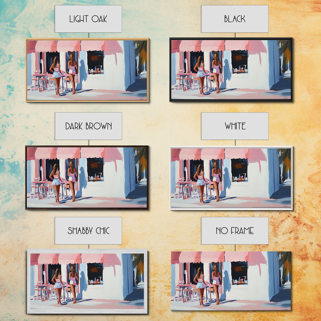 Café Scene, Pink Aesthetic, Coastal Lifestyle, Boho Summer Art, Chic Minimalist Decor, Home Wall Art, Living Room Art, Framed Canvas Print